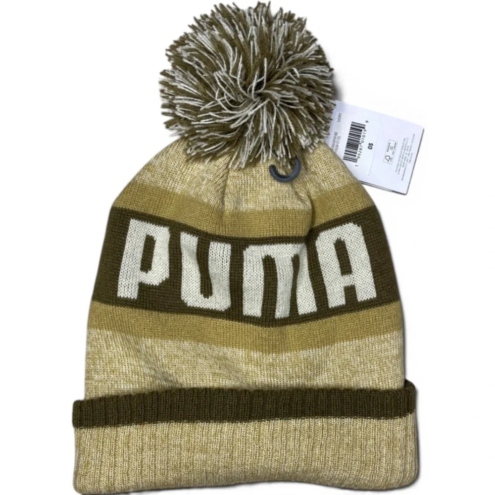 Puma Pom Beanie Hat Tan Brown Striped Knit Cuffed Logo 024538-07-OS NEW